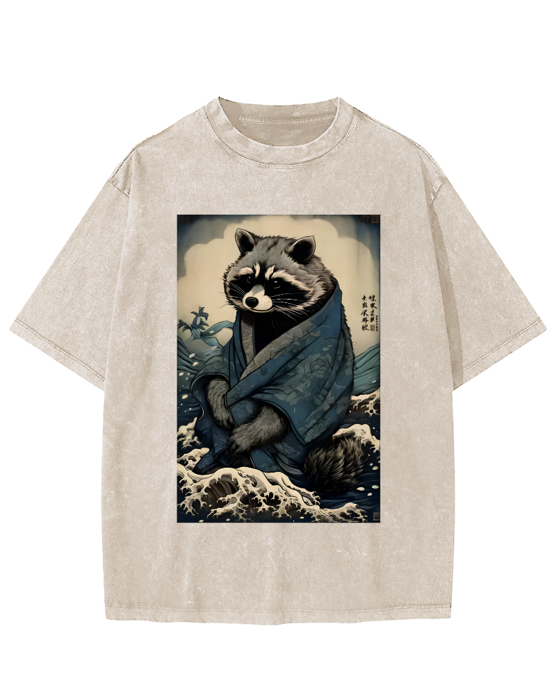 Raccoon in The Waves, Japanese Style Vintage Washed T-shirt-Zazasy
