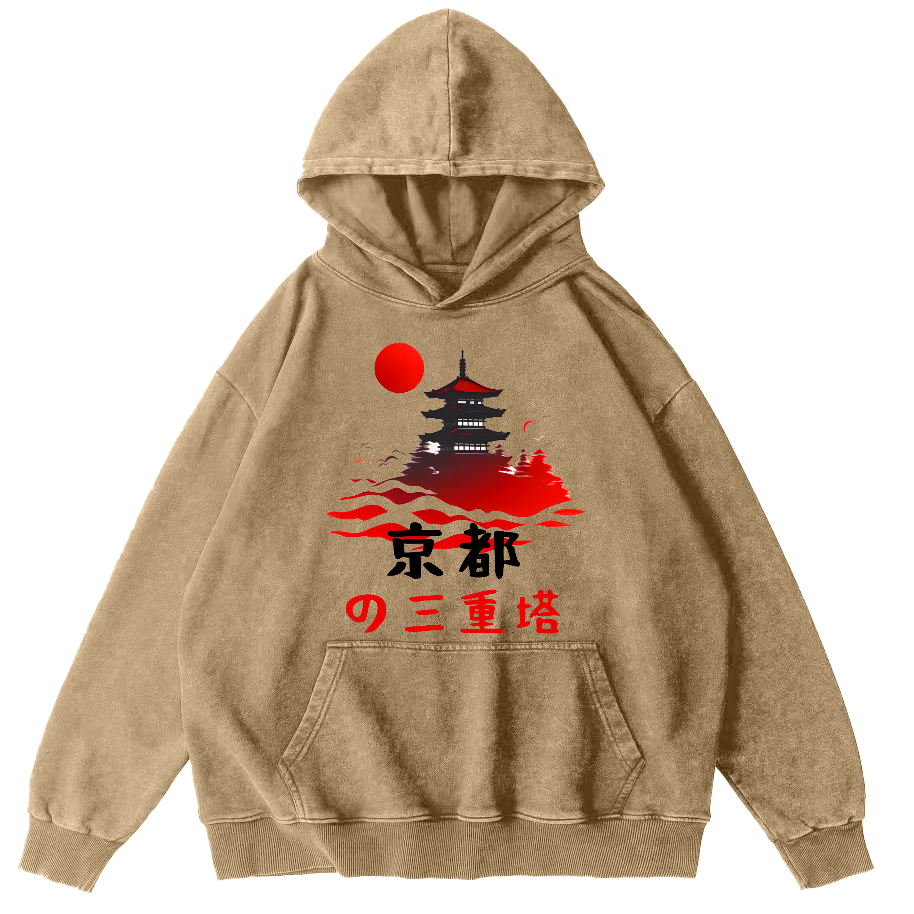 Kyoto Triple Tower Vintage Washed Hoodie-Zazasy
