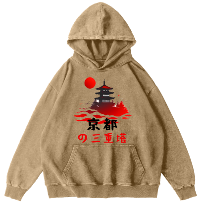 Kyoto Triple Tower Vintage Washed Hoodie-Zazasy