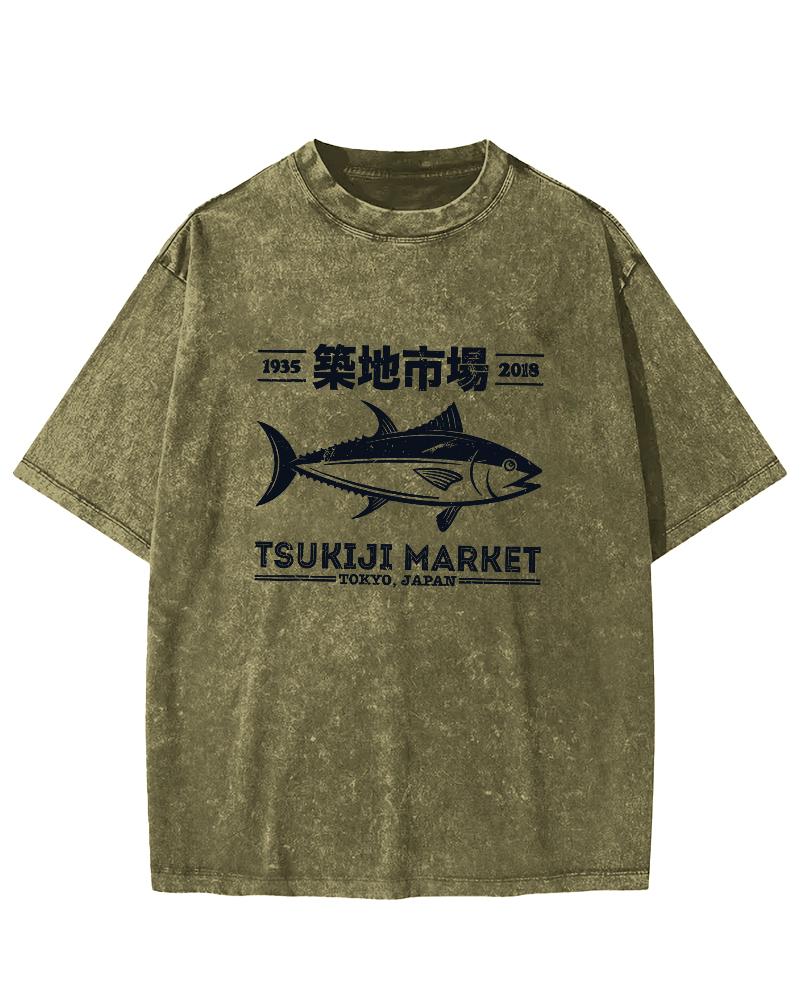 Tsukiji Market Tuna Japanese Style Vintage Distressed T-shirt-Zazasy