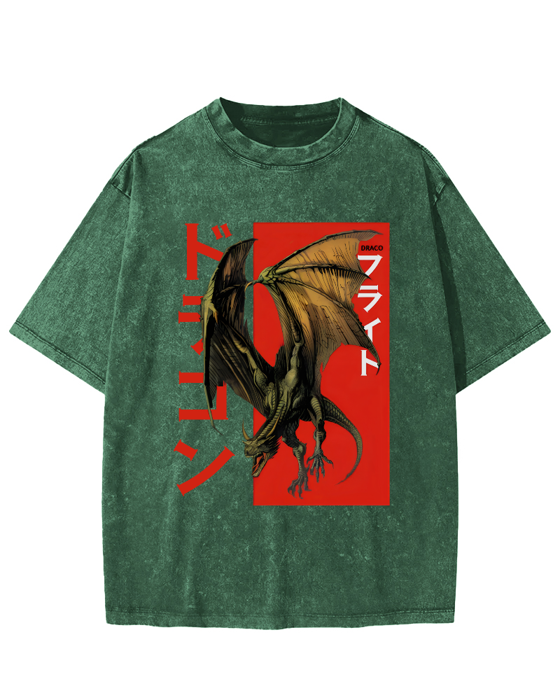 Pterosaur Monster Japanese Style Vintage Washed T-shirt-Zazasy