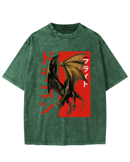 Pterosaur Monster Japanese Style Vintage Washed T-shirt-Zazasy