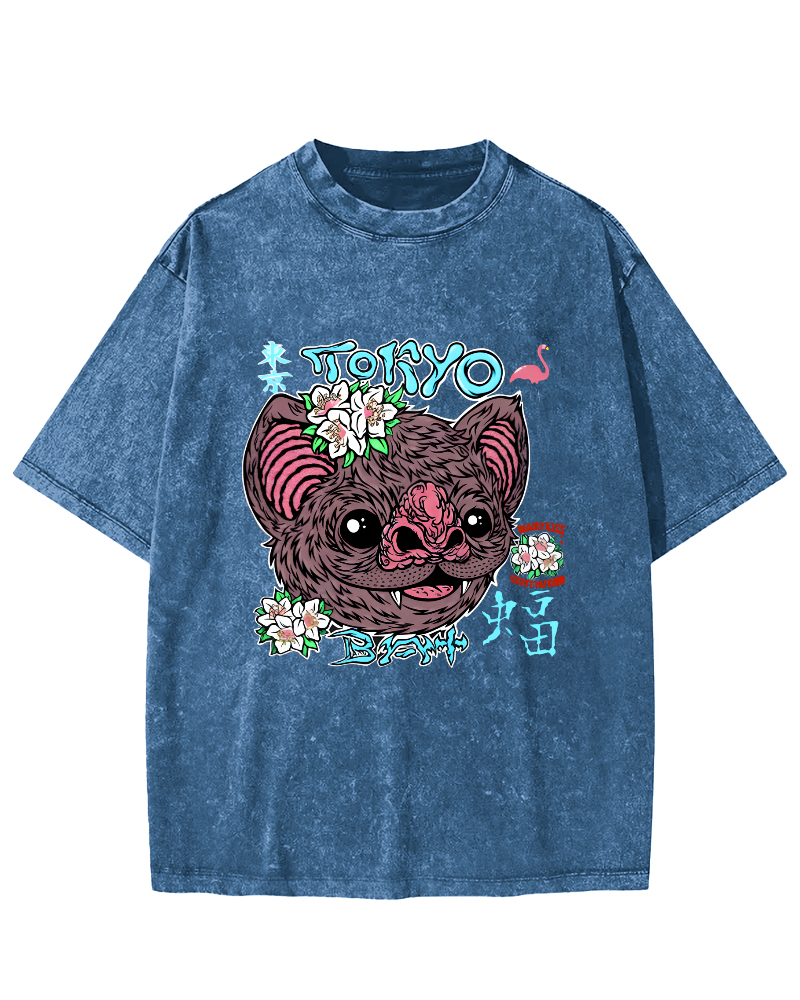 Tokyo Bat Vintage Washed T-shirt-Zazasy
