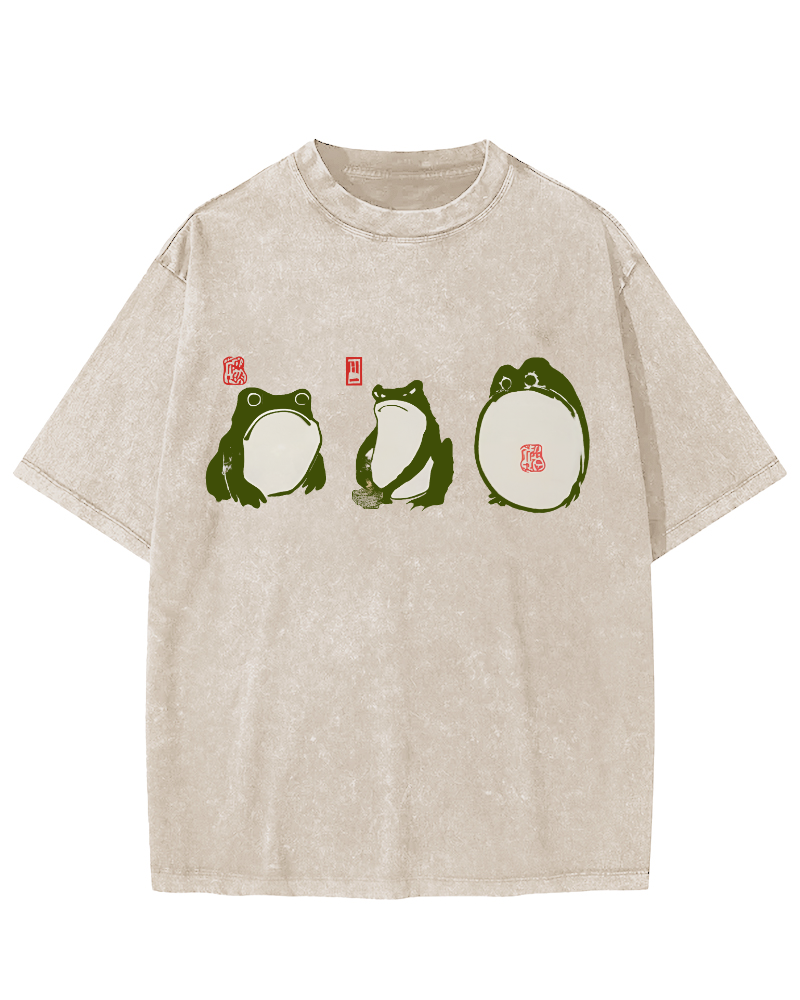 Cute Japanese Frog Vintage Washed T-shirt-Zazasy