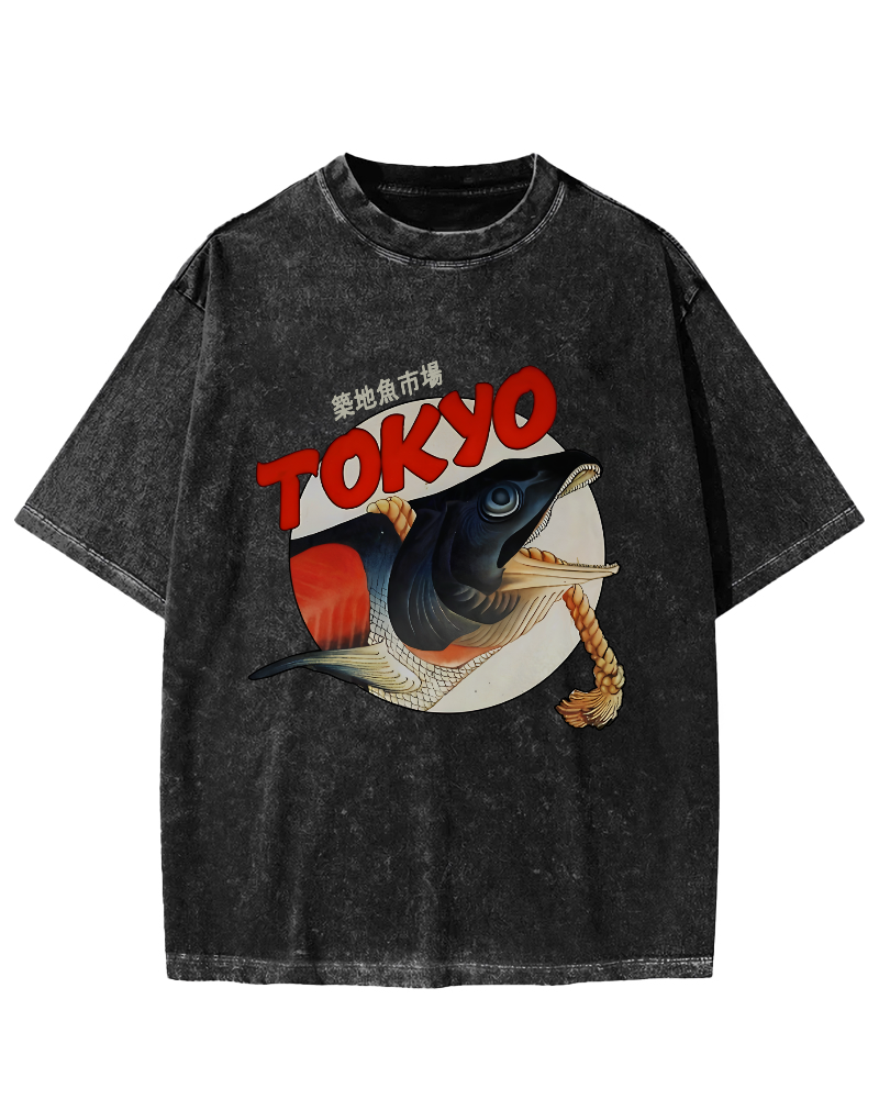 Tokyo Tsukiji Fish Market Vintage Washed T-shirt-Zazasy