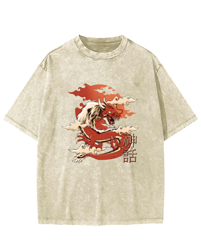 Japanese Dragon Pattern Vintage Distressed T-shirt-Zazasy