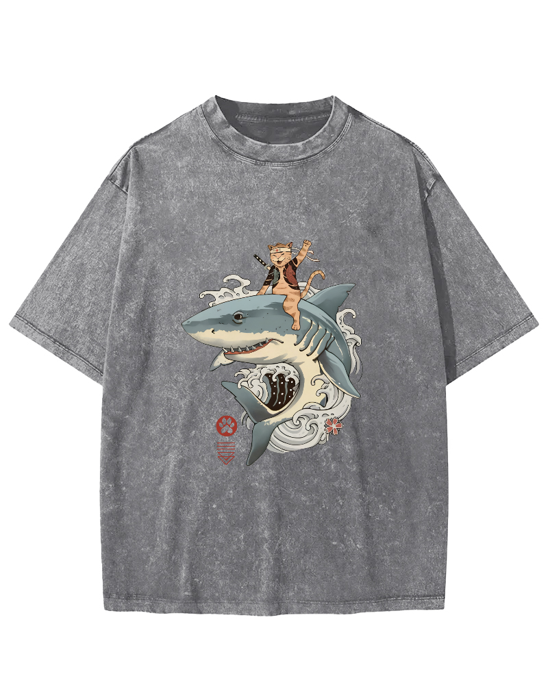 Shark Riding Cat Warrior Japanese Washed T-shirt-Zazasy