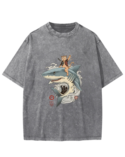 Shark Riding Cat Warrior Japanese Washed T-shirt-Zazasy