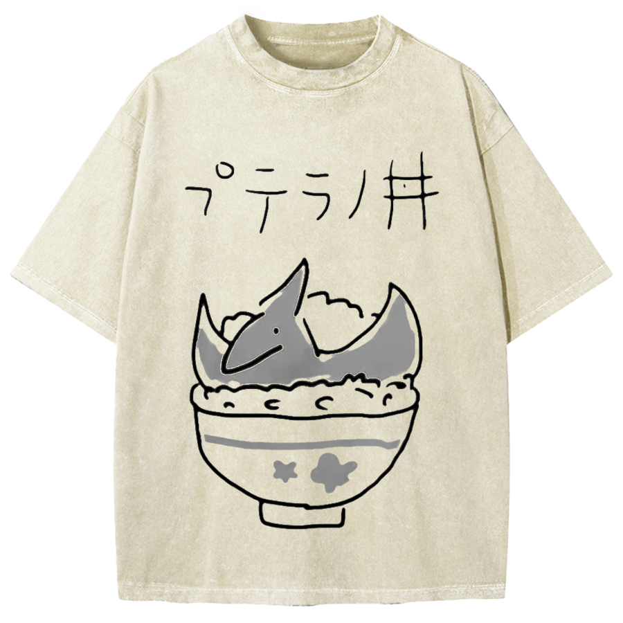 Ptera otton Rice bowl Cute Dinosaur Japanese Vintage Washed T-shirt
