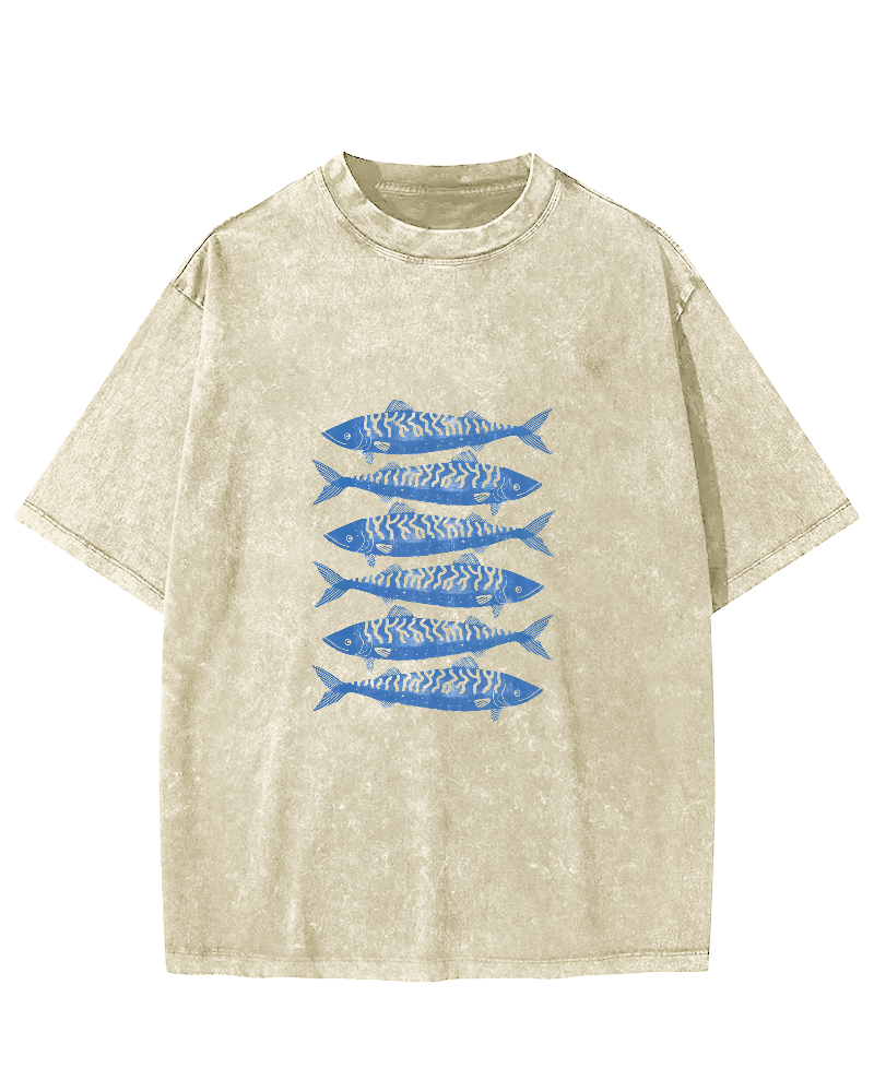Retro Sea Fish Pattern Vintage Distressed T-shirt-Zazasy