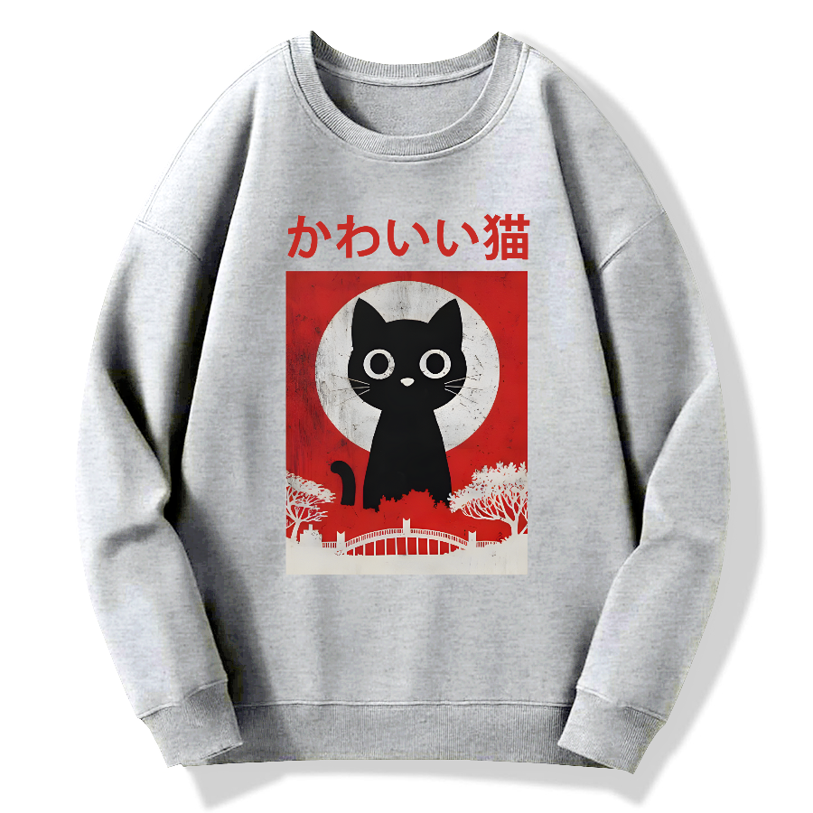 Retro Cute Black Cat Cotton Pullover Sweatshirt