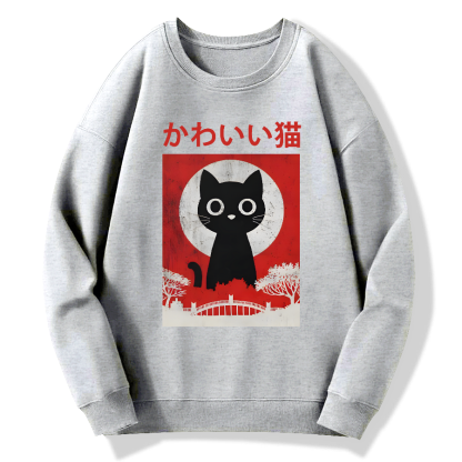 Retro Cute Black Cat Cotton Pullover Sweatshirt