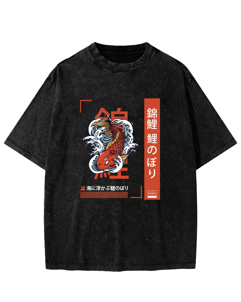Japanese Script Koi Pattern Vintage Distressed T-shirt-Zazasy