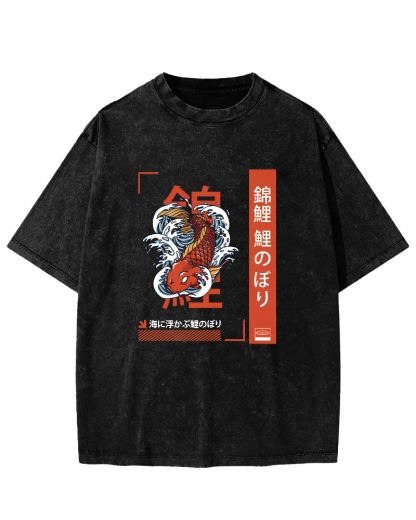 Japanese Script Koi Pattern Vintage Distressed T-shirt-Zazasy