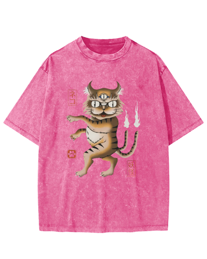 Cat Monster Japanese Vintage Washed T-shirt-Zazasy