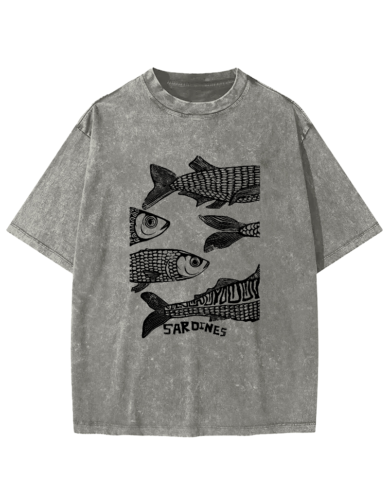 Retro Sea Fish Pattern Vintage Distressed T-shirt-Zazasy