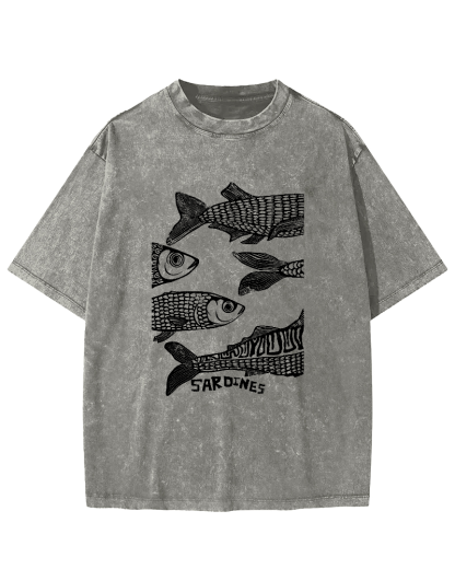 Retro Sea Fish Pattern Vintage Distressed T-shirt-Zazasy
