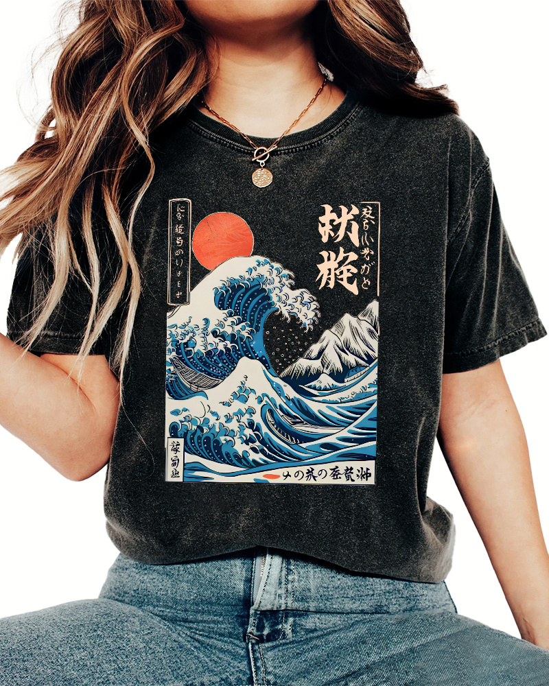 Ukiyo-e ocean Waves Vintage Washed T-shirt-Zazasy
