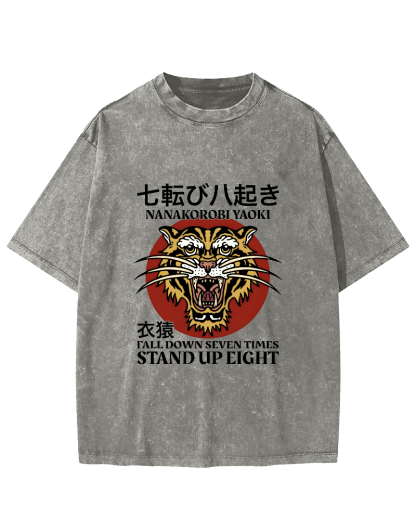 Japanese Tiger Head Pattern Vintage Distressed T-shirt-Zazasy