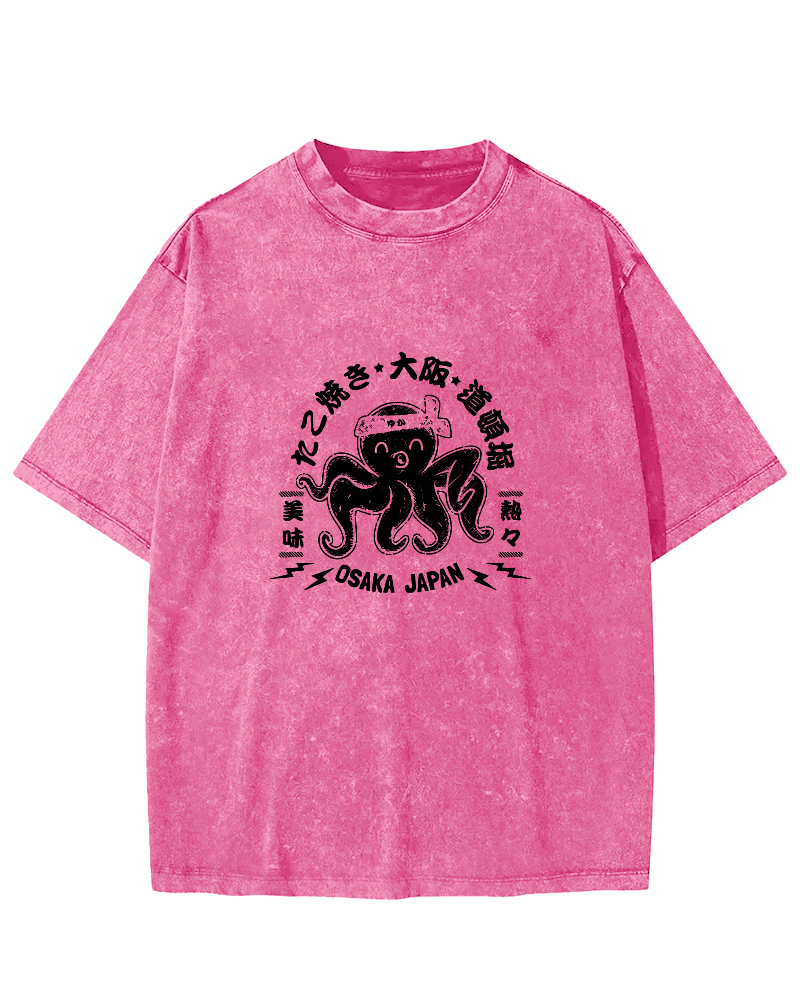 Japanese Script Octopus Pattern Vintage Distressed T-shirt-Zazasy