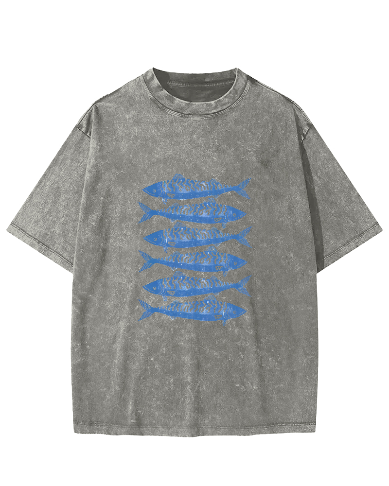 Retro Sea Fish Pattern Vintage Distressed T-shirt-Zazasy