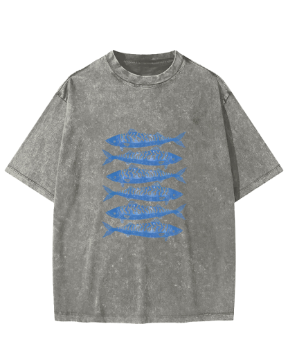 Retro Sea Fish Pattern Vintage Distressed T-shirt-Zazasy