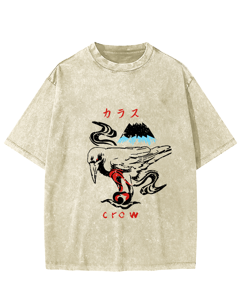 Retro Crow Pattern Vintage Distressed T-shirt-Zazasy