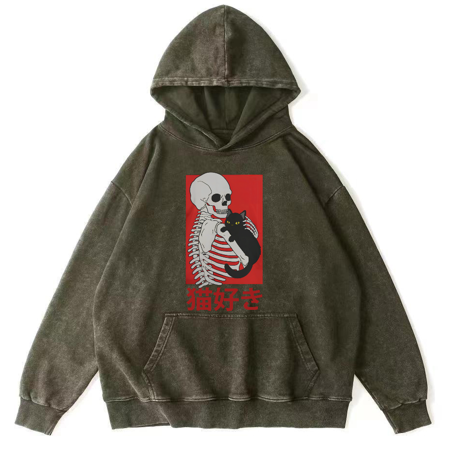 Skeleton and Cat Japanese Style Vintage Washed Hoodie-Zazasy