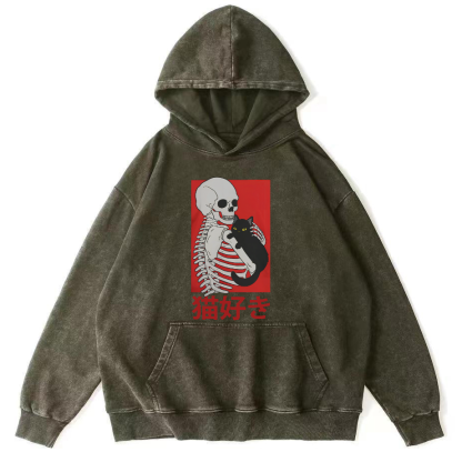 Skeleton and Cat Japanese Style Vintage Washed Hoodie-Zazasy