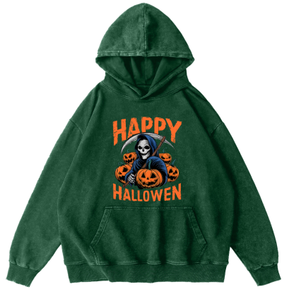Halloween Pumpkin Lamp  Vintage Washed Hoodie-Zazasy