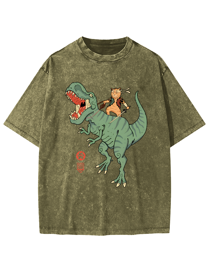 Japanese Style Warrior Cat Riding a Dinosaur Vintage Distressed T-shirt-Zazasy
