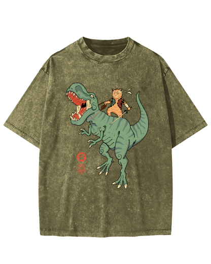 Japanese Style Warrior Cat Riding a Dinosaur Vintage Distressed T-shirt-Zazasy