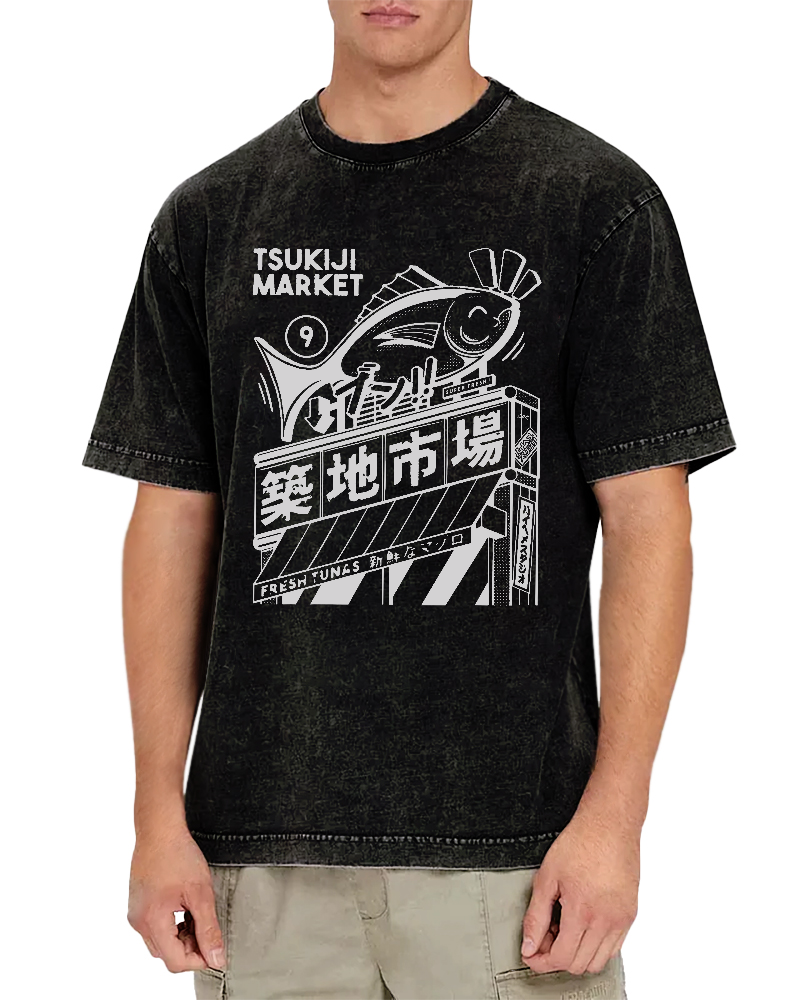 Tsukiji Seafood Market Vintage Washed T-shirt-Zazasy