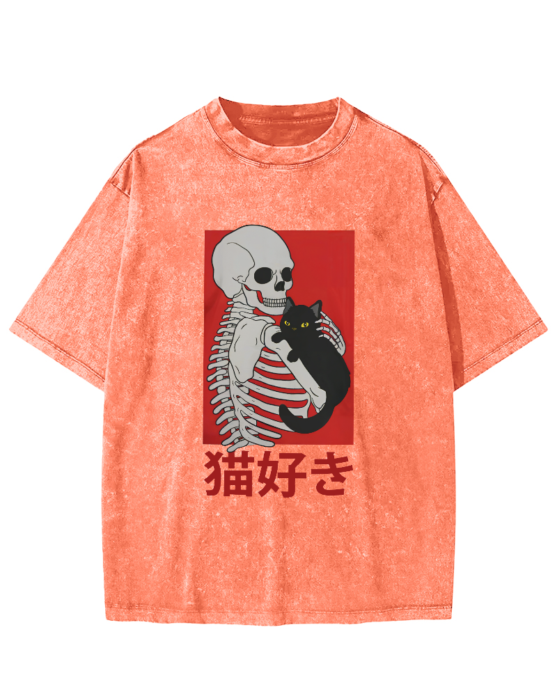 Skeleton And Cat Japanese Style Vintage Washed T-shirt-Zazasy