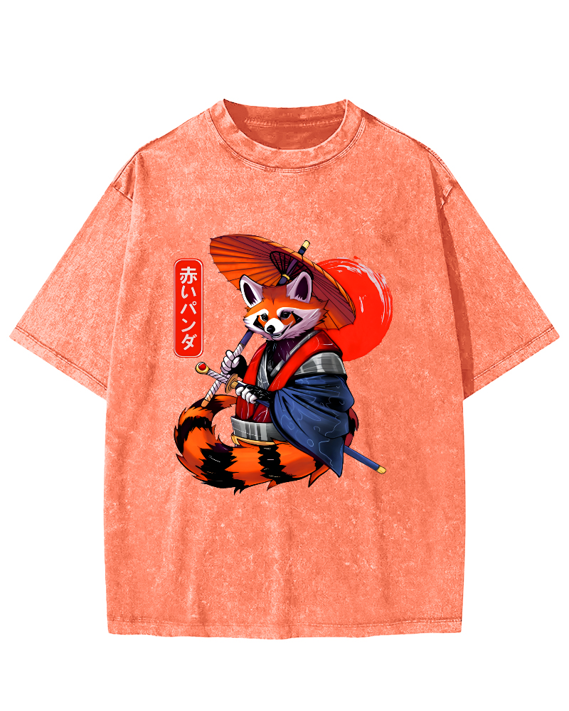 Japanese Red Fox Warrior Vintage Washed T-shirt-Zazasy