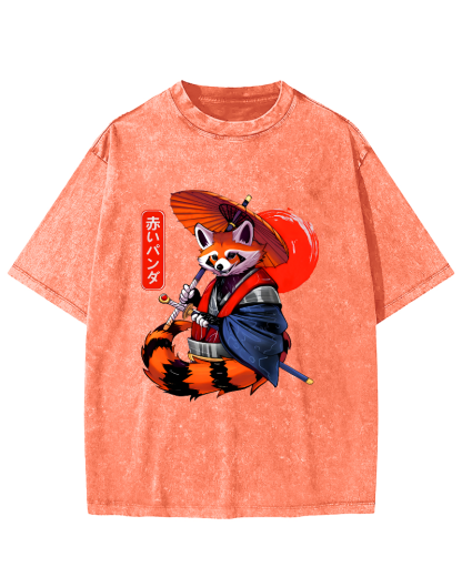 Japanese Red Fox Warrior Vintage Washed T-shirt-Zazasy