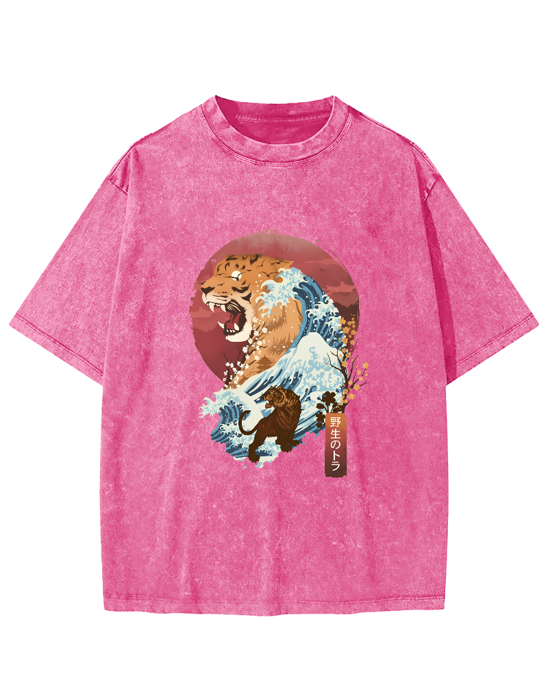 Tiger in Japanese Waves Vintage Distressed T-shirt-Zazasy