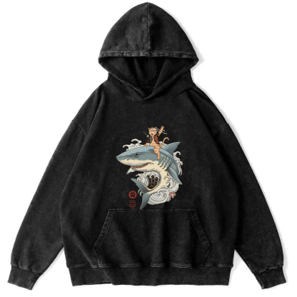 Cat Warrior Riding Shark Japanese Washed Hoodie-Zazasy