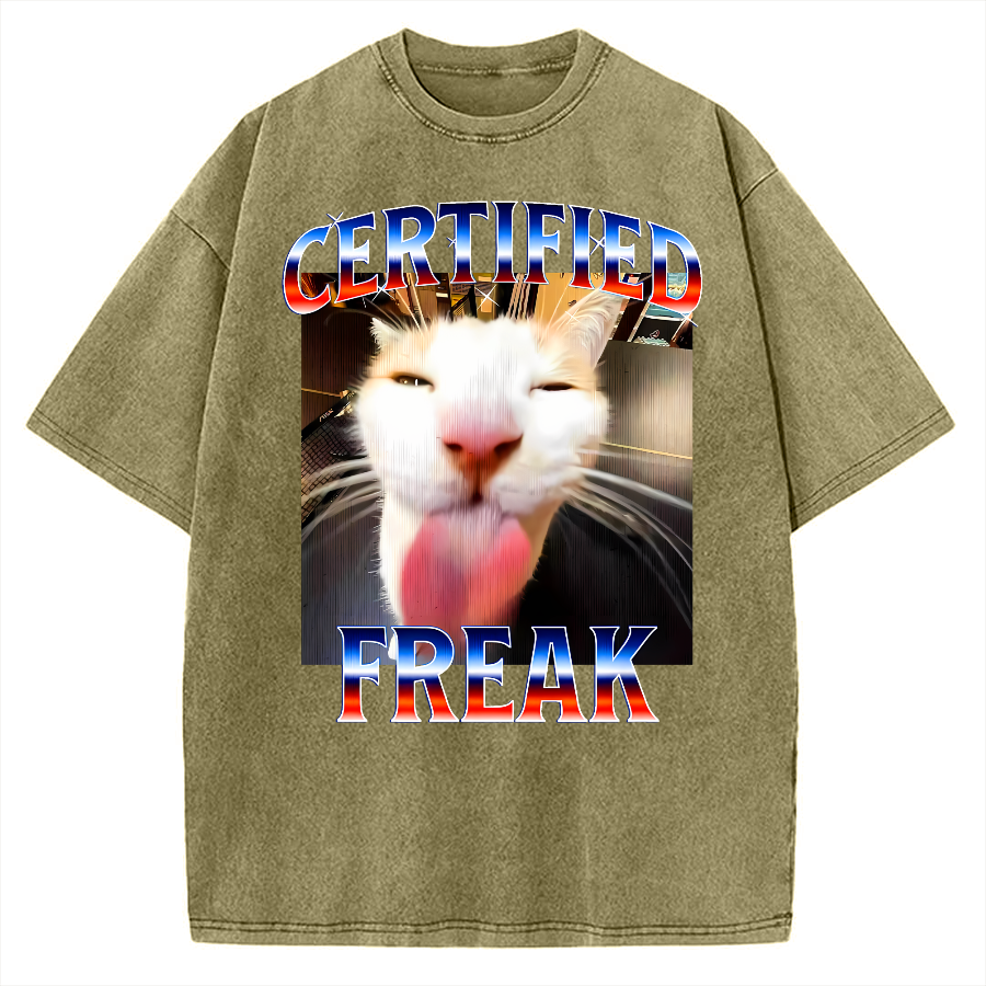 Certified Freak Cat Tongue Out - Funny Meme Cat Vintage Washed T-shirt
