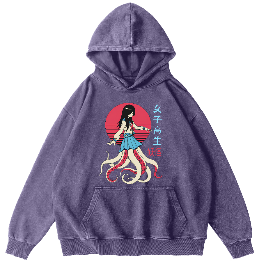 Female Octopus Monster Vintage Distressed Hoodie-Zazasy