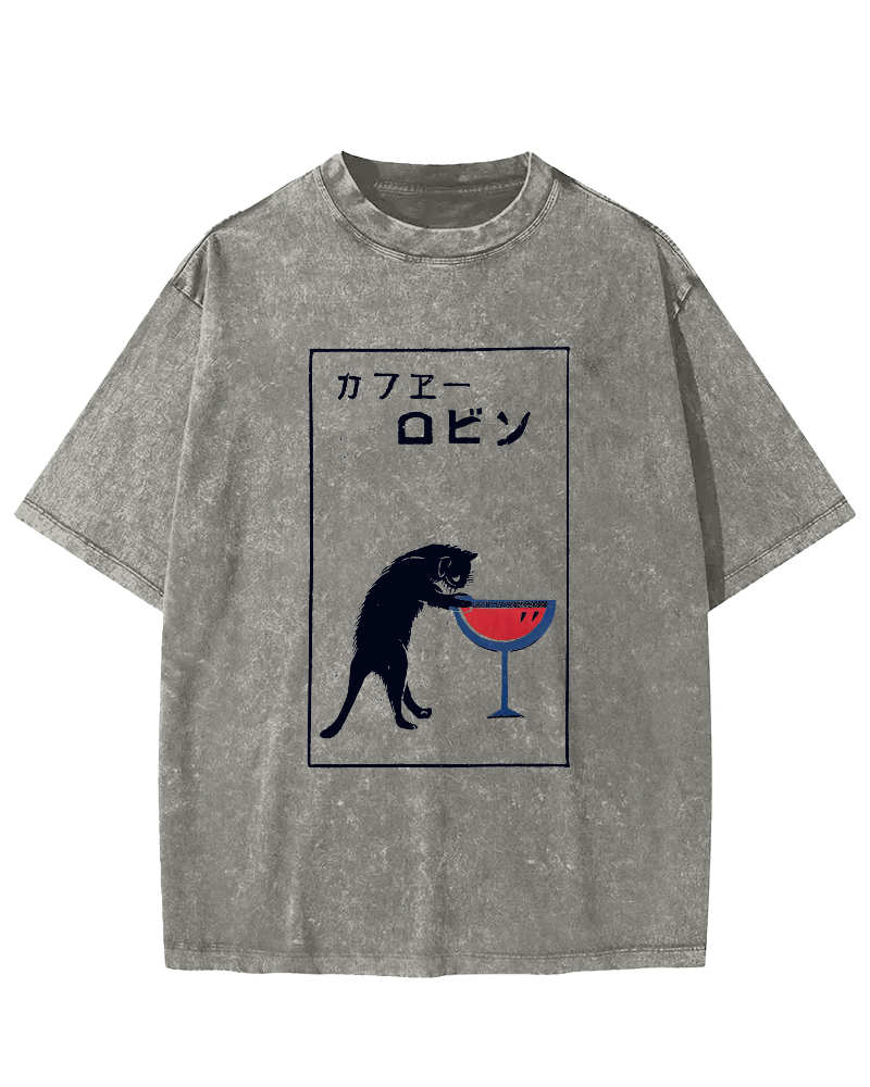 Japanese Script Red wine cat Vintage Distressed T-shirt-Zazasy