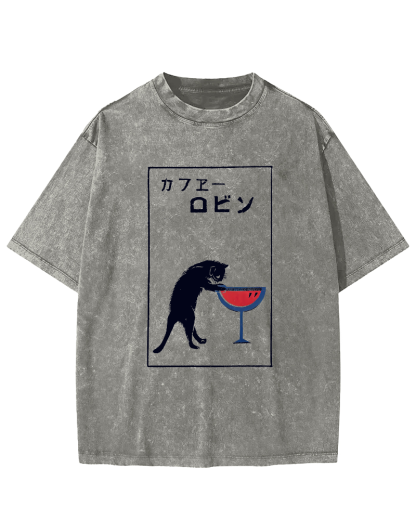 Japanese Script Red wine cat Vintage Distressed T-shirt-Zazasy