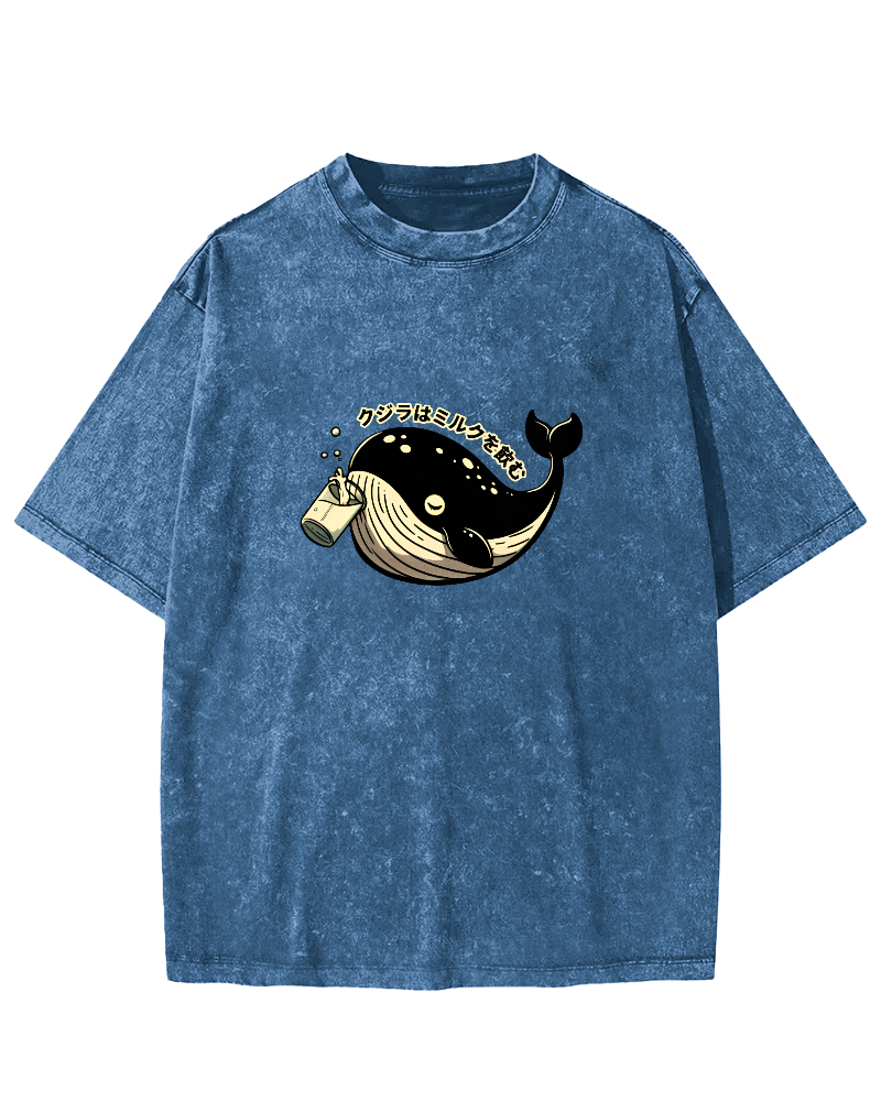 Japanese Whale Pattern Vintage Distressed T-shirt-Zazasy