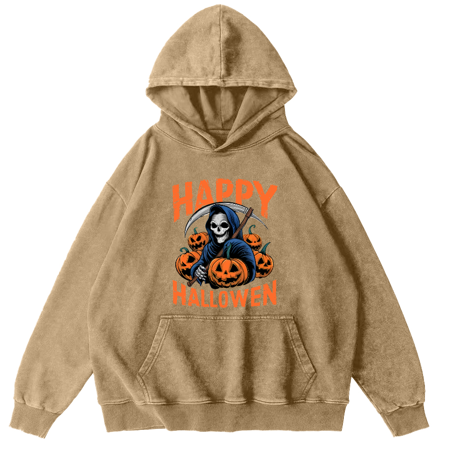 Halloween Pumpkin Lamp  Vintage Washed Hoodie-Zazasy