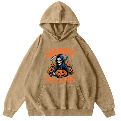 Halloween Pumpkin Lamp  Vintage Washed Hoodie-Zazasy
