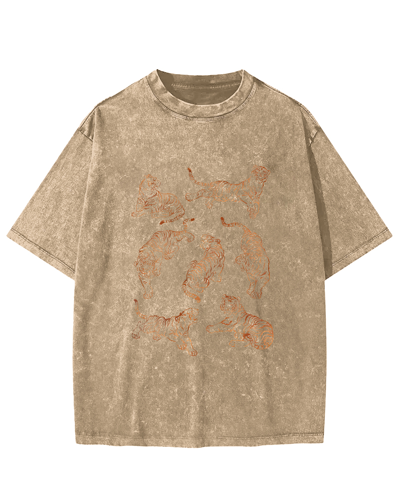 Japanese Tiger Pattern Leisure Vintage Distressed T-shirt-Zazasy