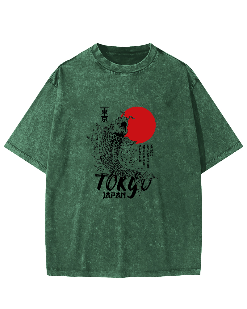 Tokyo Koi Pattern Vintage Distressed T-shirt-Zazasy