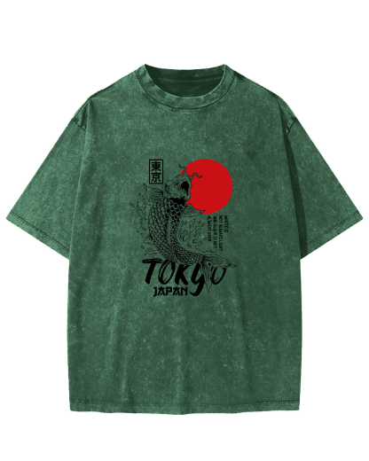 Tokyo Koi Pattern Vintage Distressed T-shirt-Zazasy