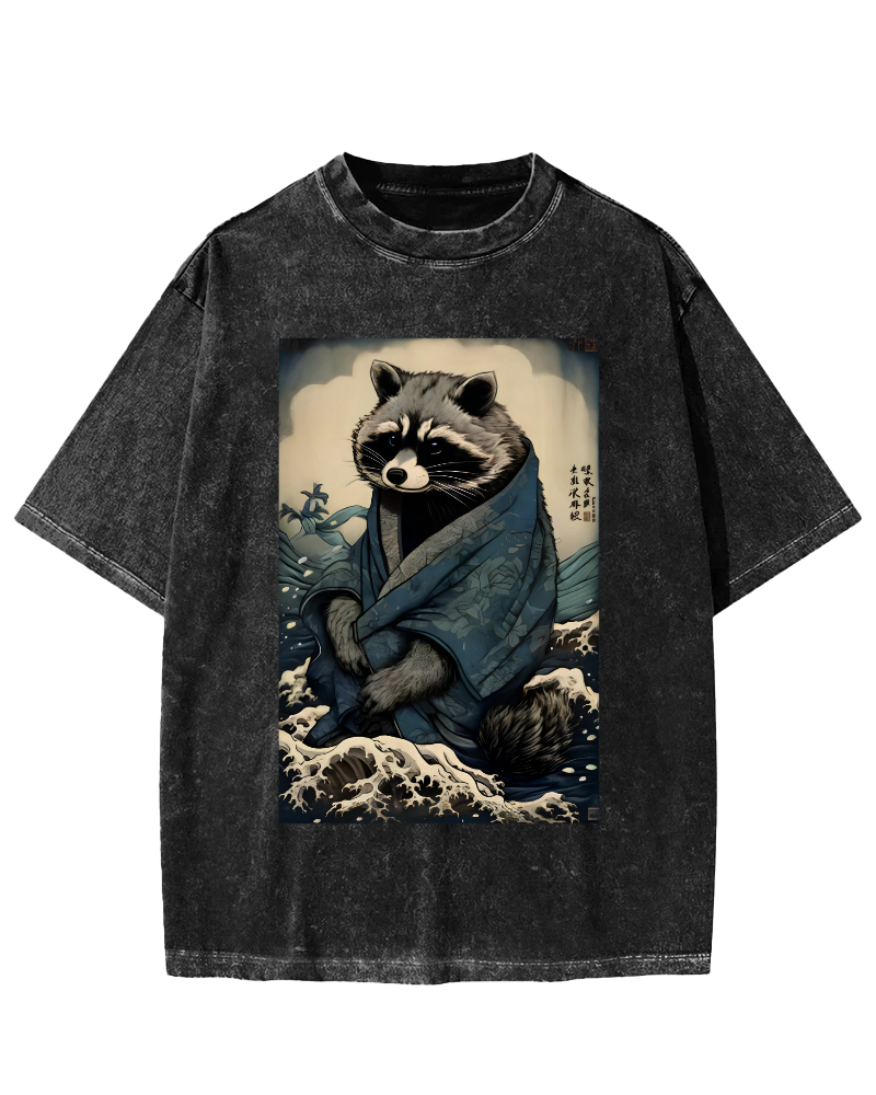 Raccoon in The Waves, Japanese Style Vintage Washed T-shirt-Zazasy