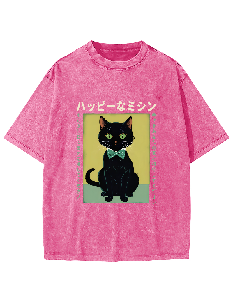 Cute kitten Japanese washed T-shirt-Zazasy